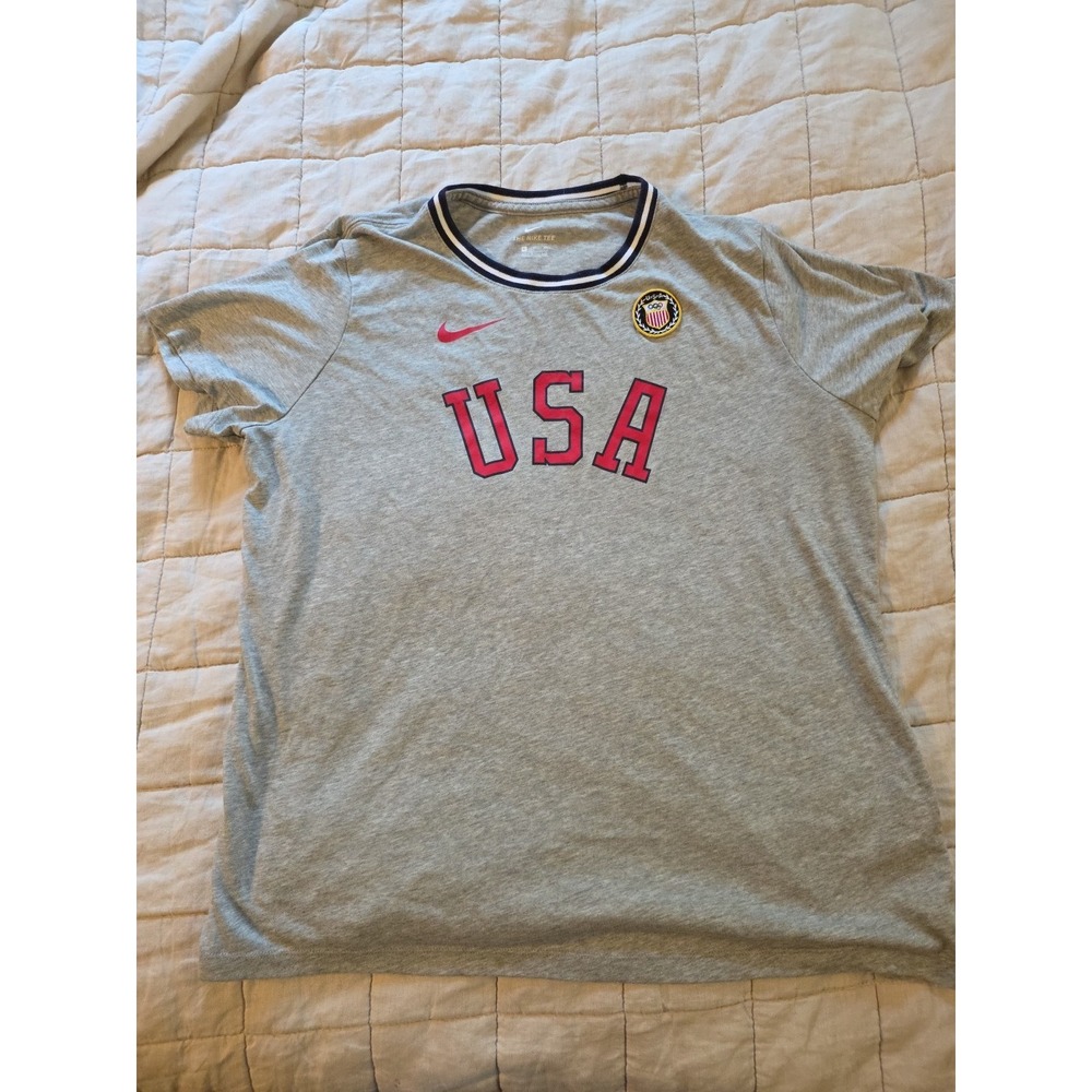 Nike Team USA Spellout Patch Olympics Youth Logo Tee T-shirt Gray & Red XL Vtg